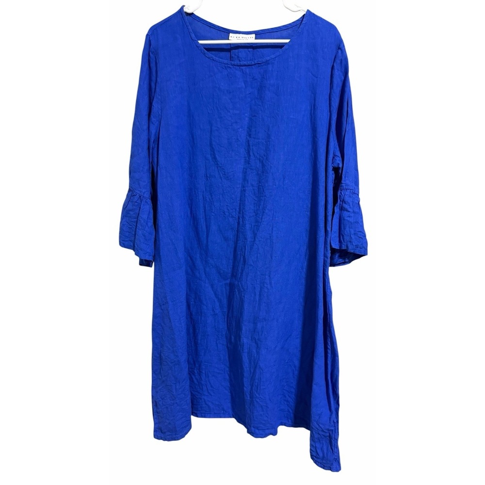 BRYN WALKER Phryne Linen Shift Dress Ruffled Bell Sleeve Blue Women's Size XL